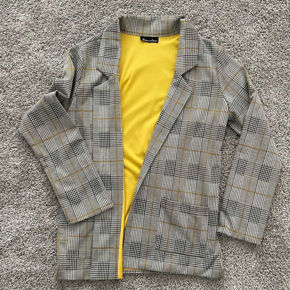 Gray Yellow Tweed Plaid Blazer Yellow Lining Alison Andrews